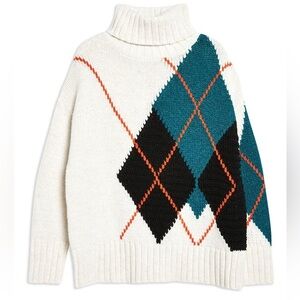 Topshop Oversized Argyle Turtleneck Sweater Cream Black Green Size 4 Small